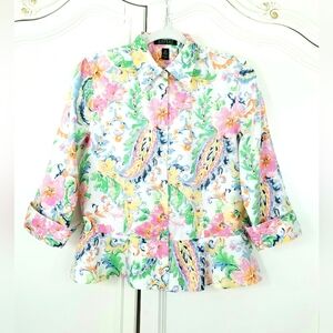 Ralph Lauren Watercolor Floral Paisley Peplum 3/4 Sleeve Flip Cuff Top Size 10